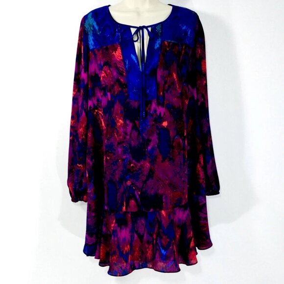 BCBGMaxazria Kena Shift Dress Sz M Flowy Chiffon Ruffle Hem Plum Berry Keyhole - Picture 3 of 15
